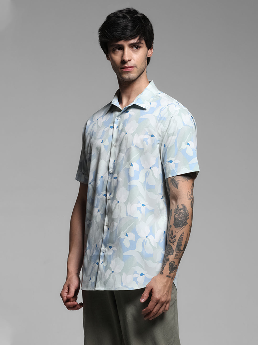 Blue Floral Short Sleeves Shirt