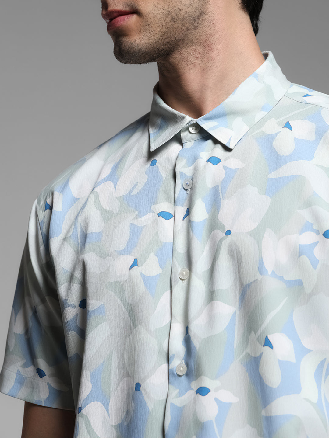 Blue Floral Short Sleeves Shirt