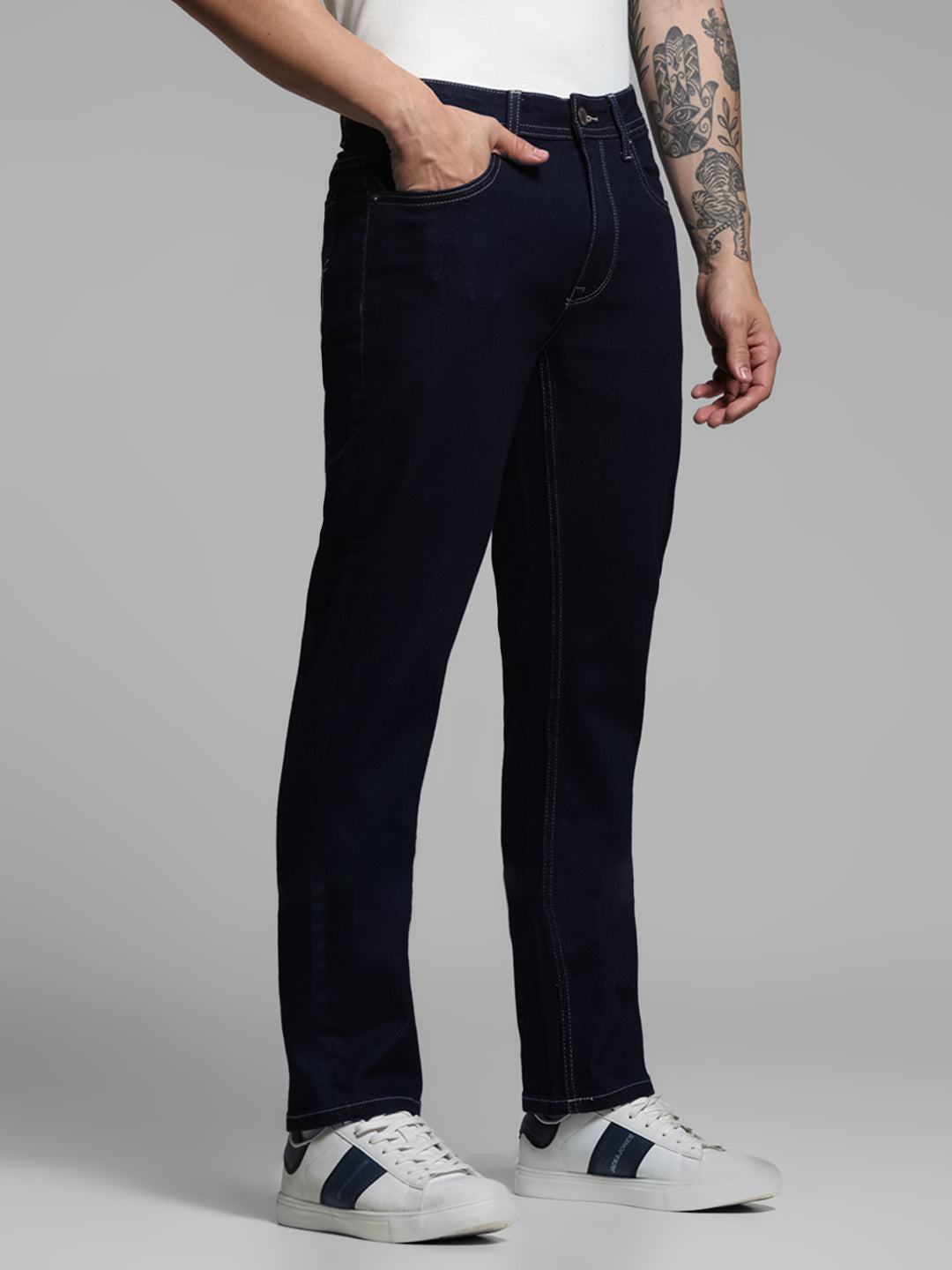 Dark Blue Contrast Stitch Regular Fit Jeans
