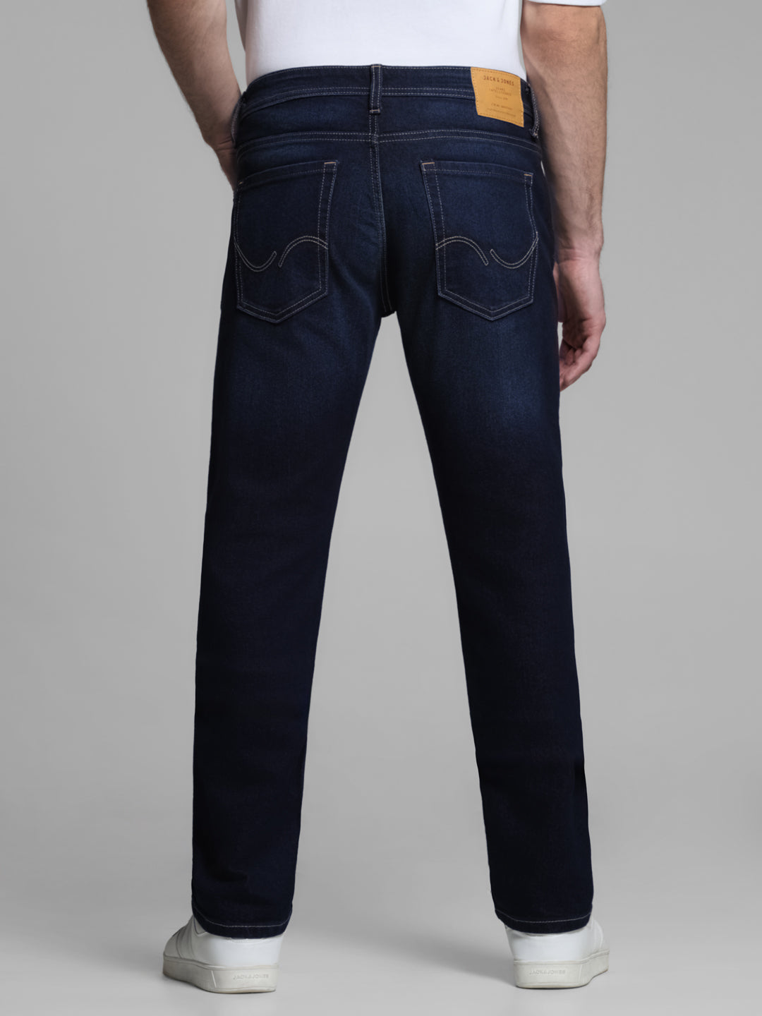 Dark Blue Washed Regular Fit Jeans For Men.