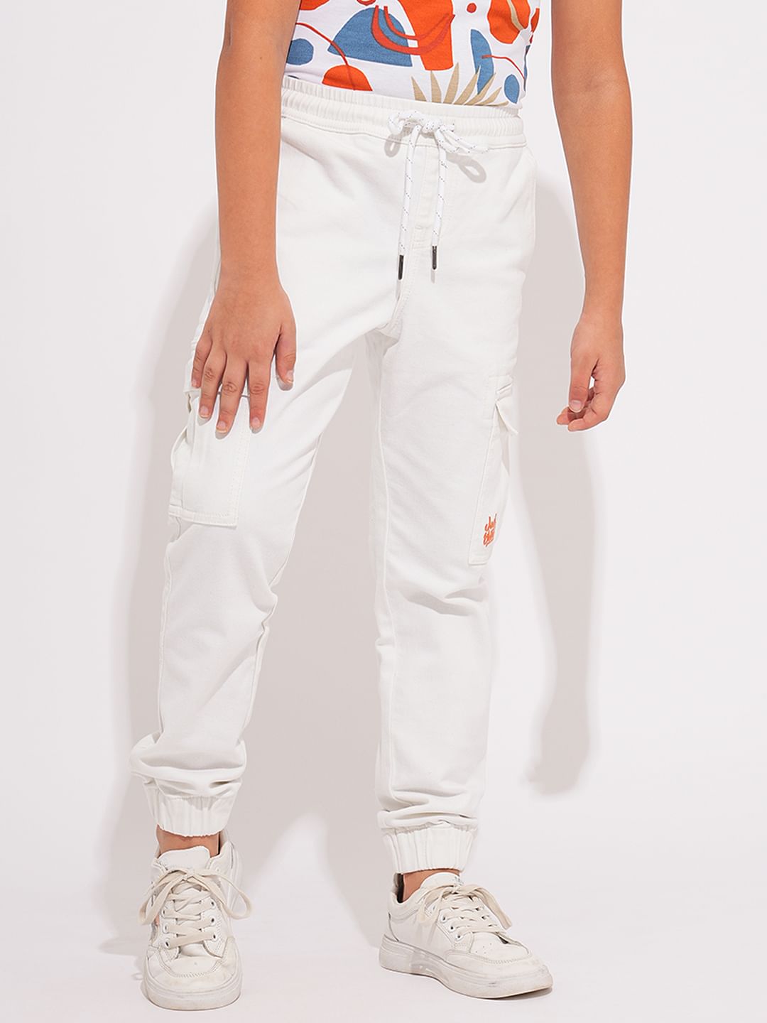 Boys White Patch Pocket Denim Joggers