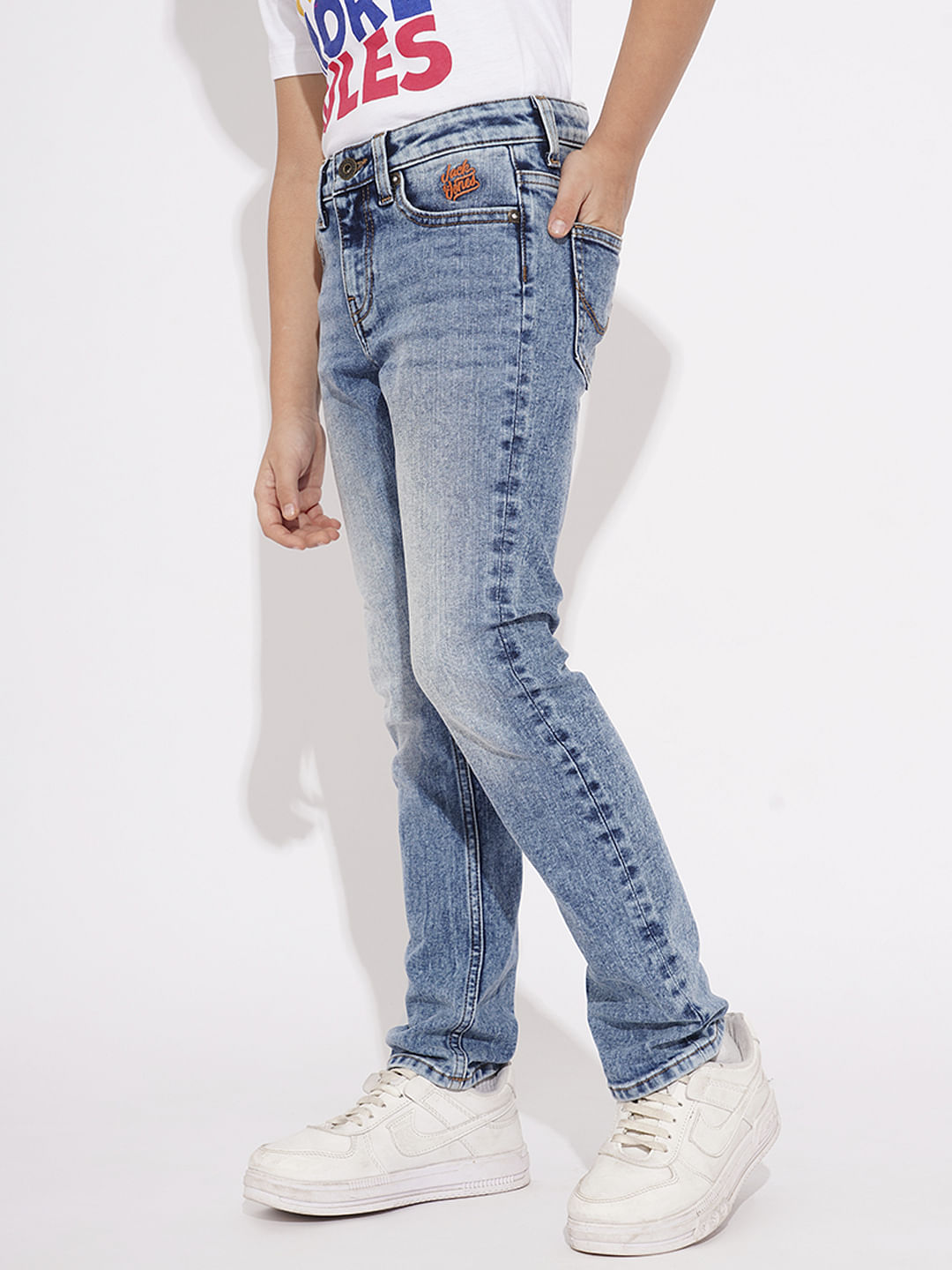 BOYS Blue Heavily Washed Regular Fit Jeans