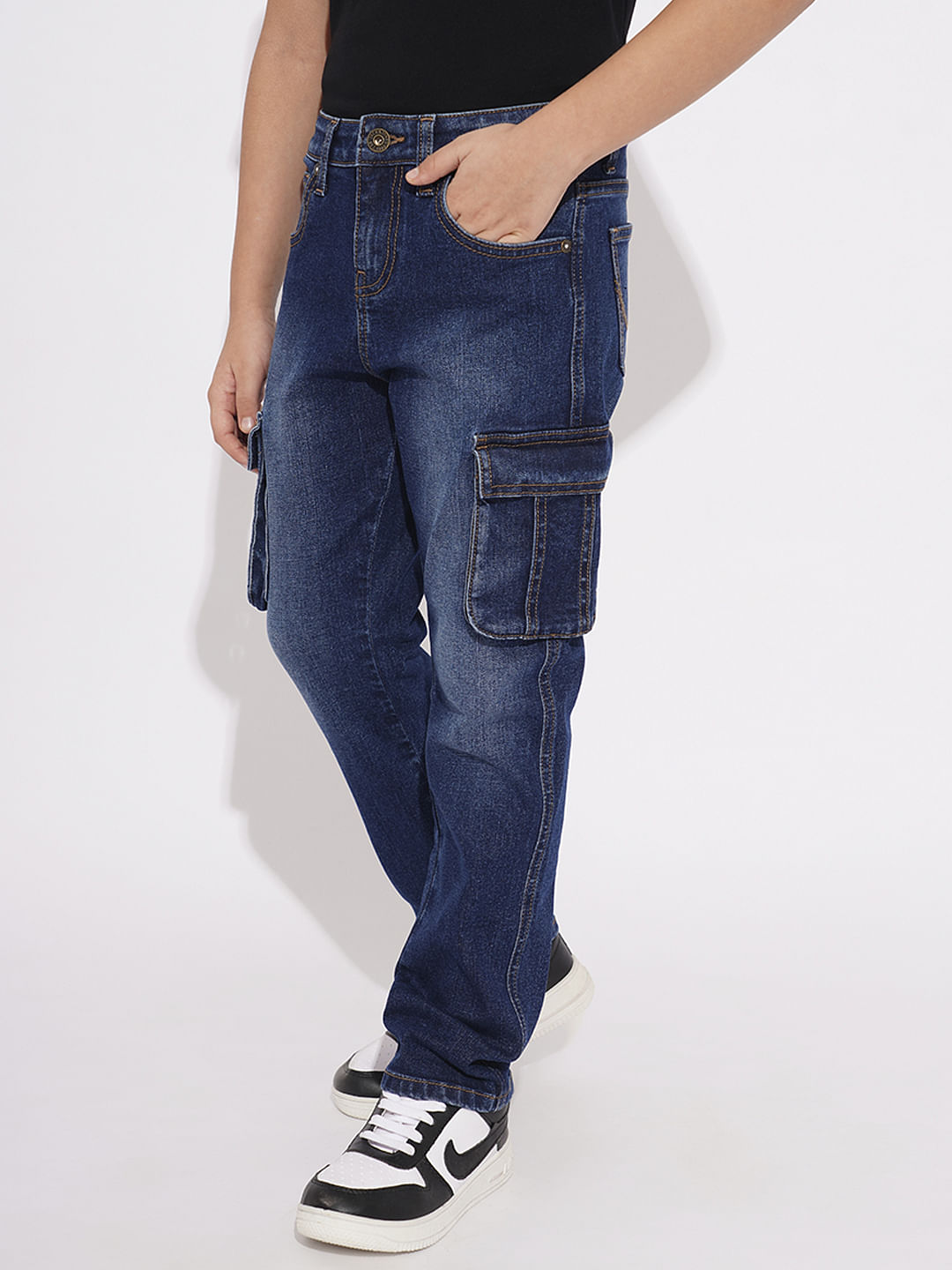 BOYS Dark Blue Patch Pockets Regular Fit Jeans