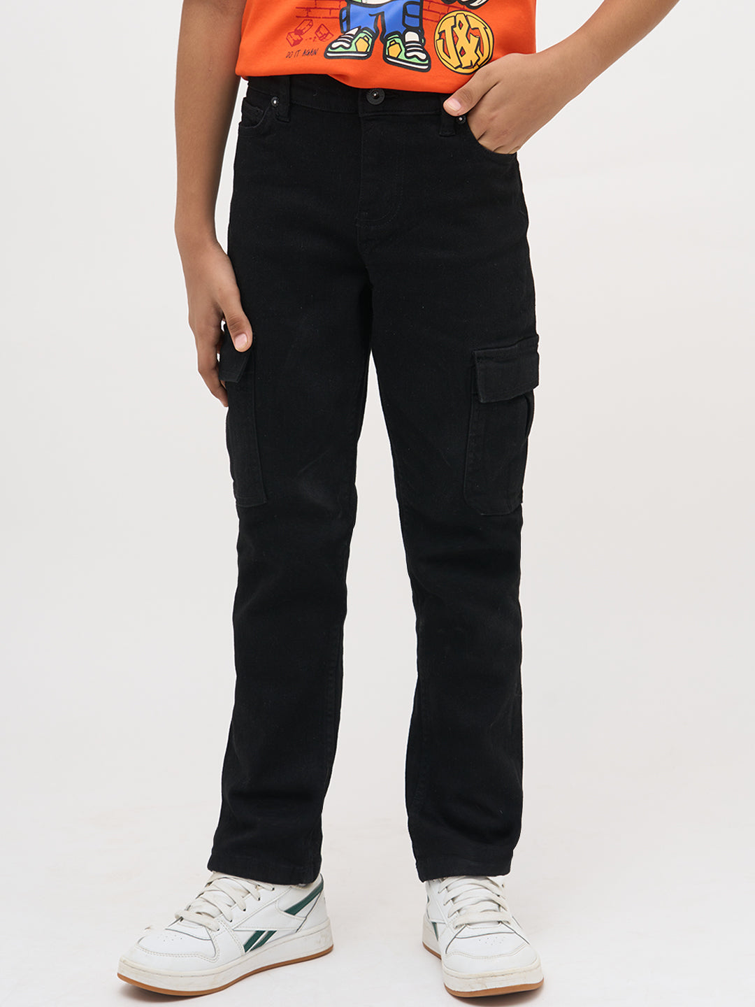 Boys Black Slim Fit Stretch Cargo Jeans With Flap Pockets