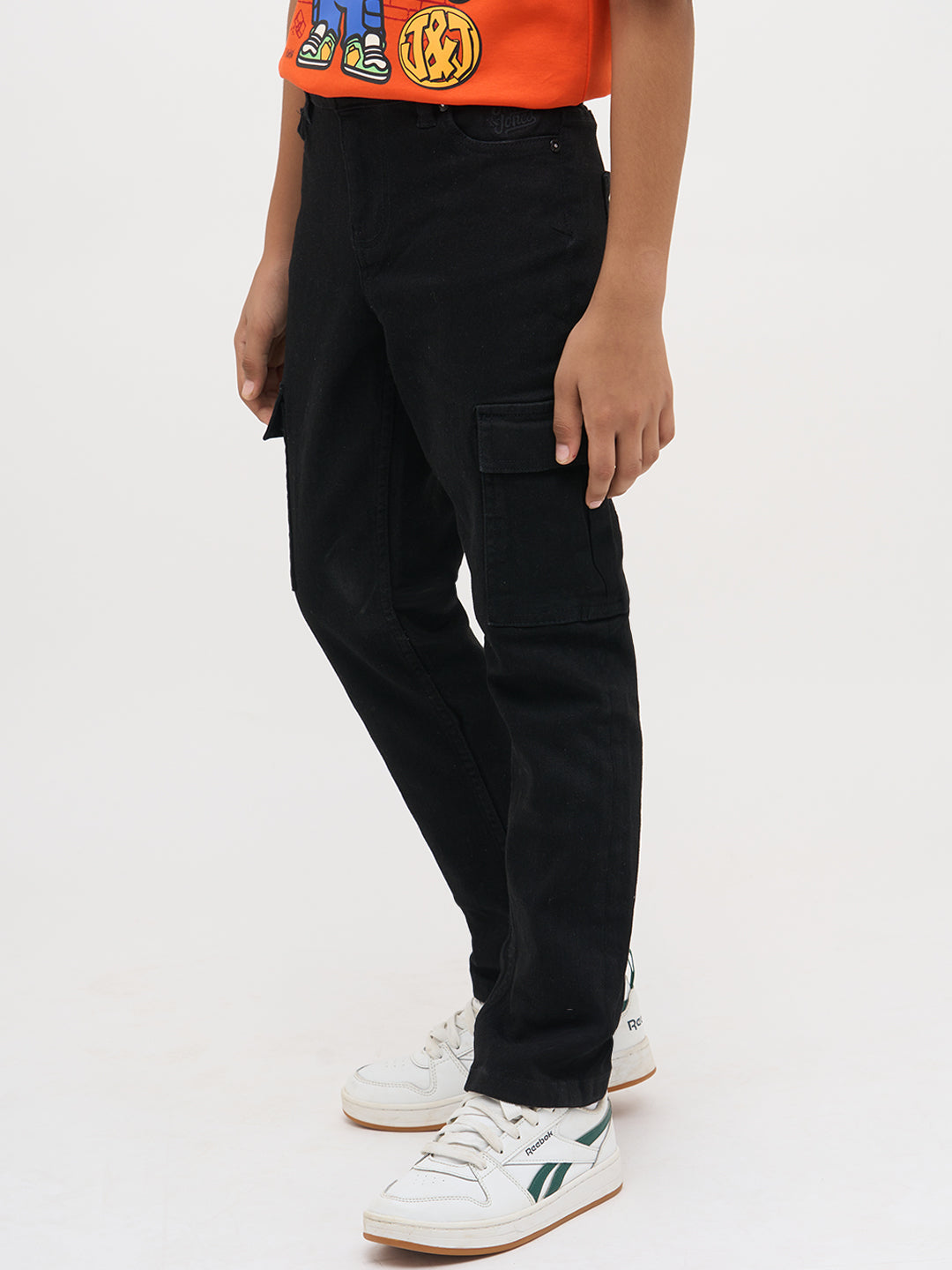 Boys Black Slim Fit Stretch Cargo Jeans With Flap Pockets