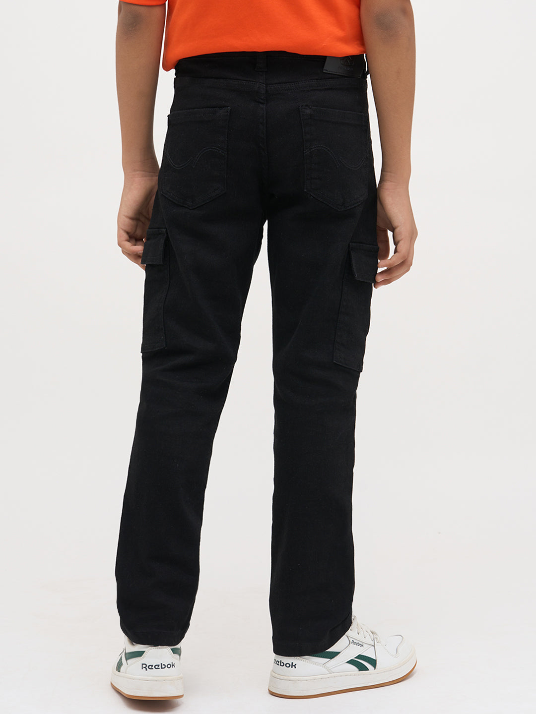 Boys Black Slim Fit Stretch Cargo Jeans With Flap Pockets