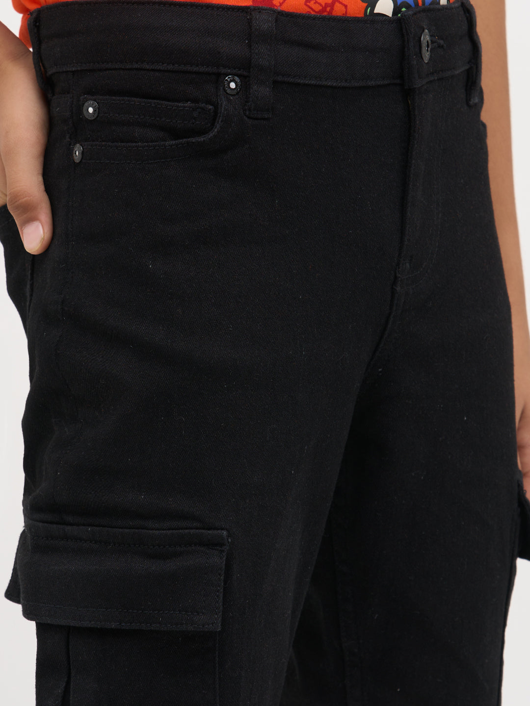 Boys Black Slim Fit Stretch Cargo Jeans With Flap Pockets