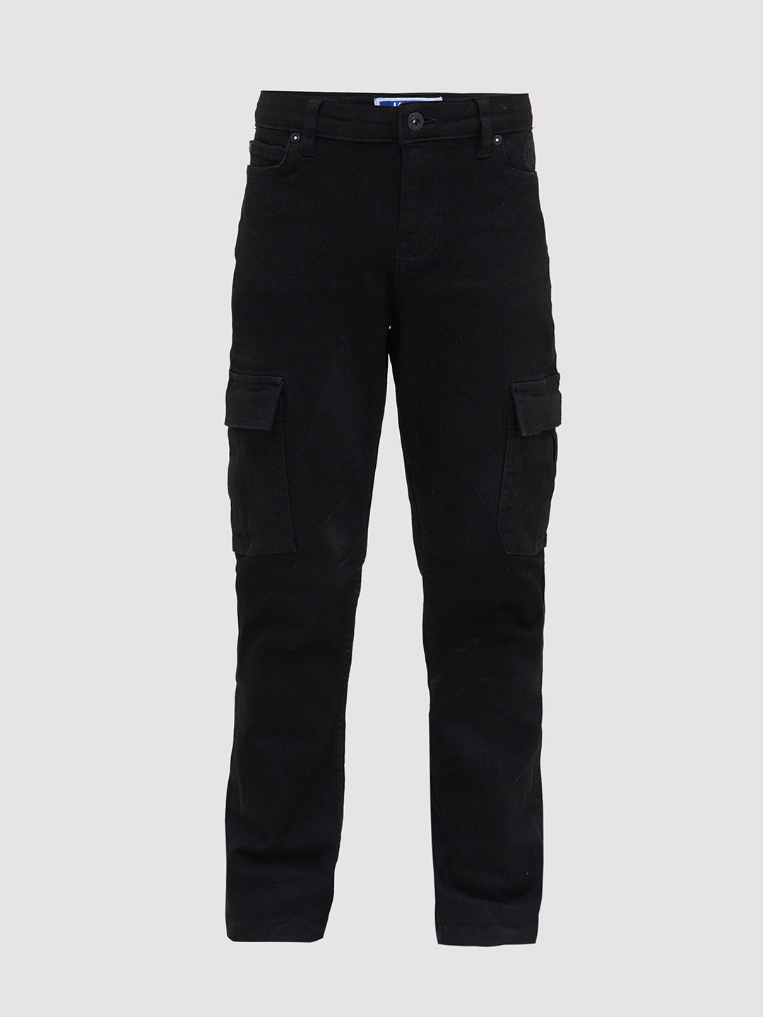 Boys Black Slim Fit Stretch Cargo Jeans With Flap Pockets