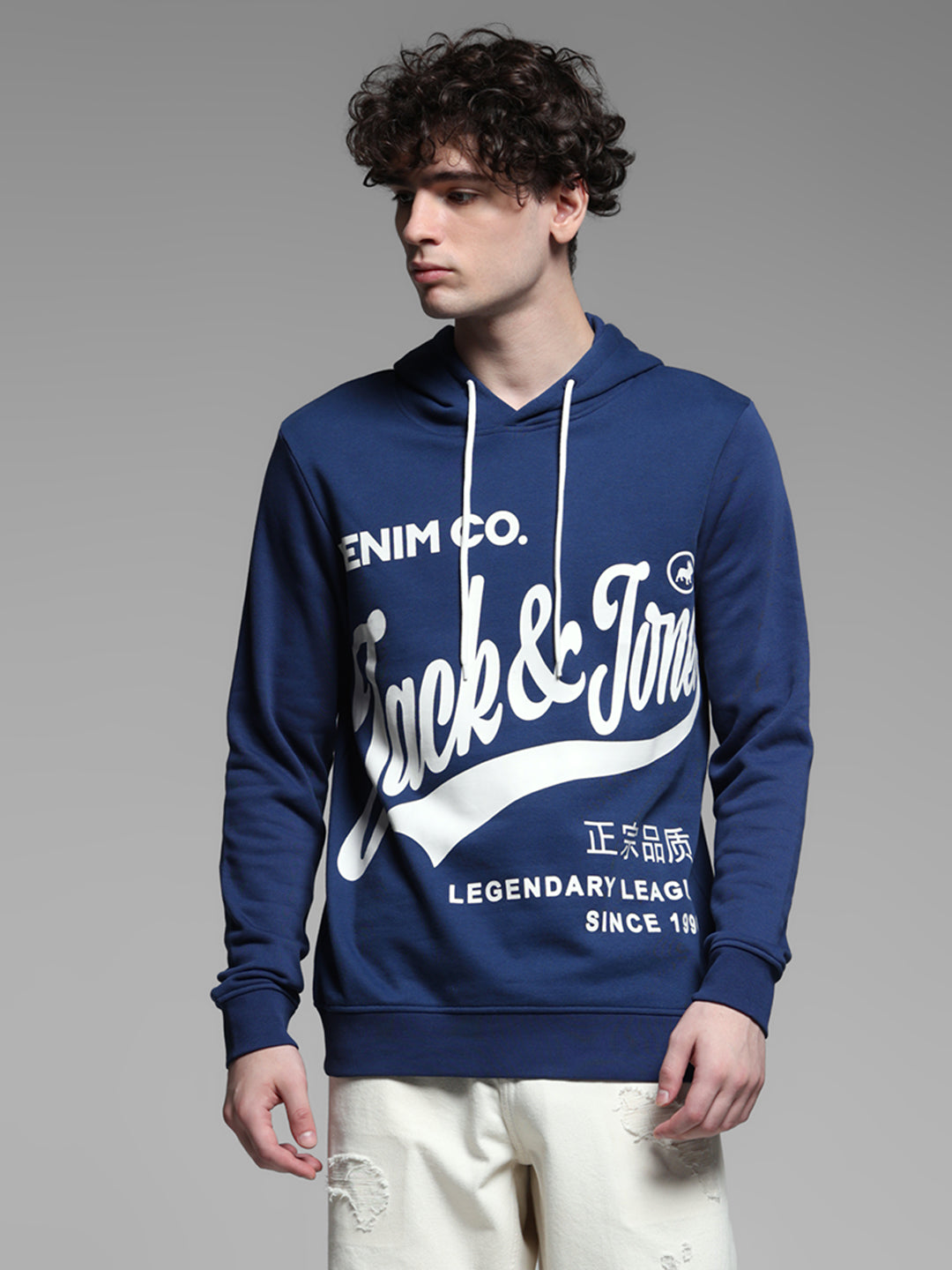 Blue Printed Hooded Sweatshirt