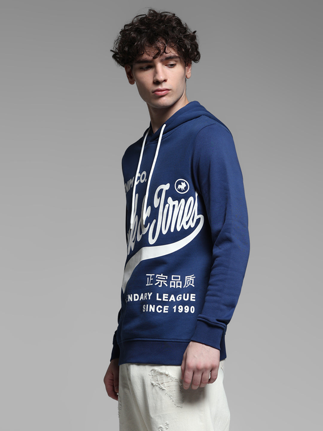 Blue Printed Hooded Sweatshirt
