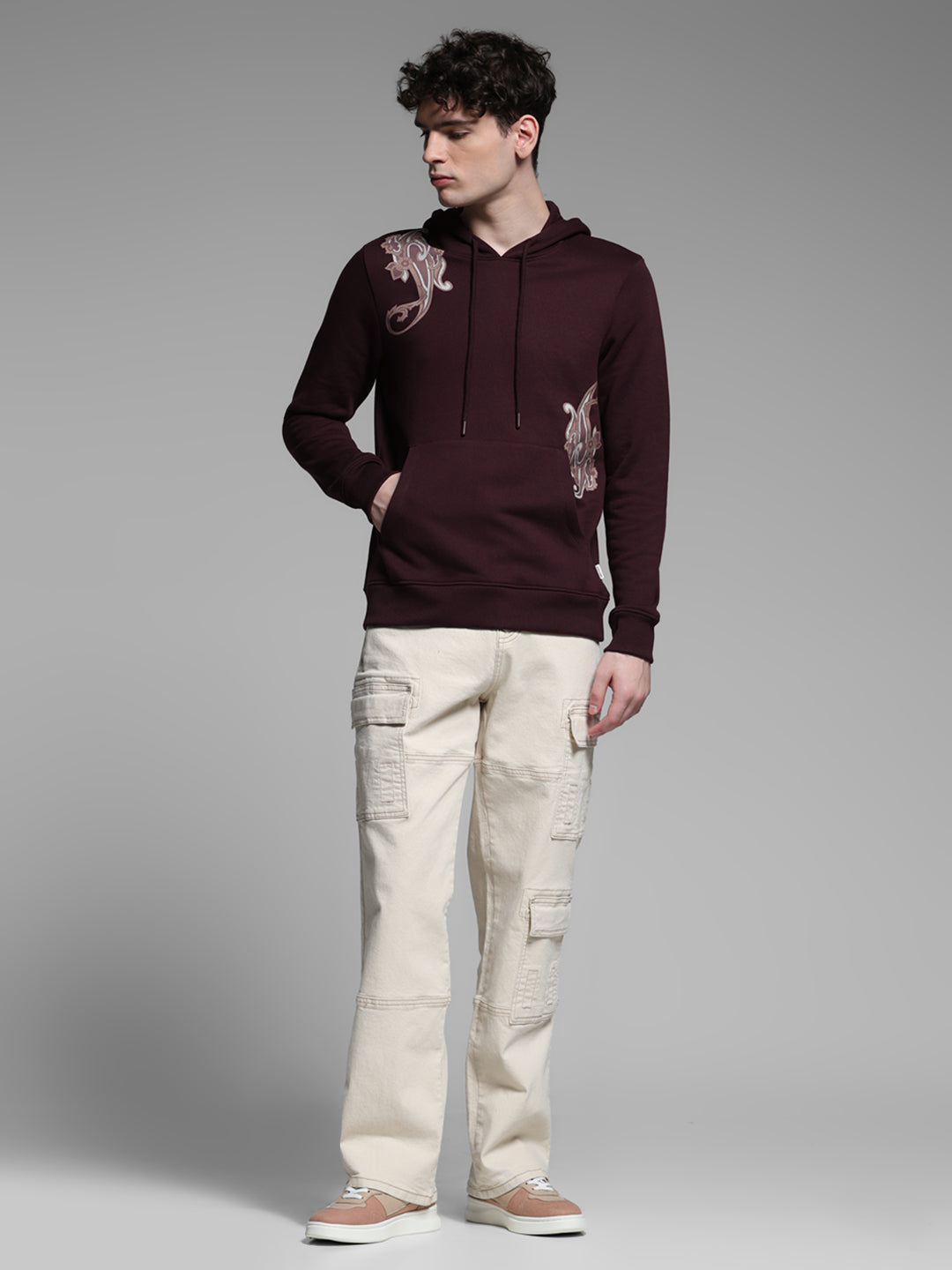 Wine Printed Hooded Sweatshirt