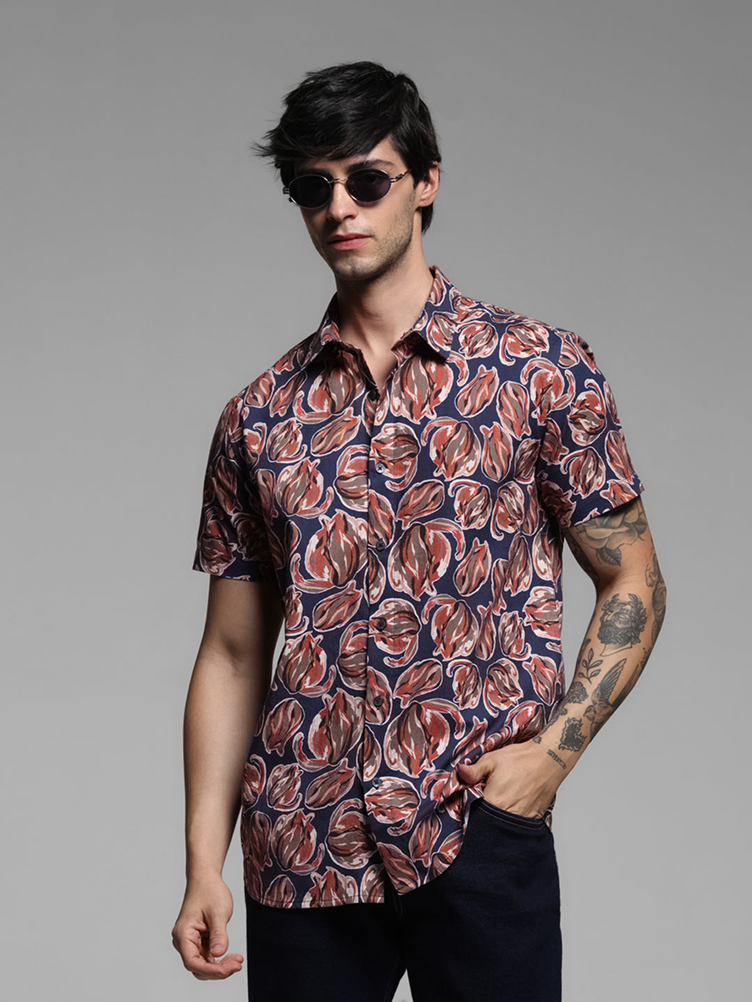 Blue Floral Short Sleeves Shirt