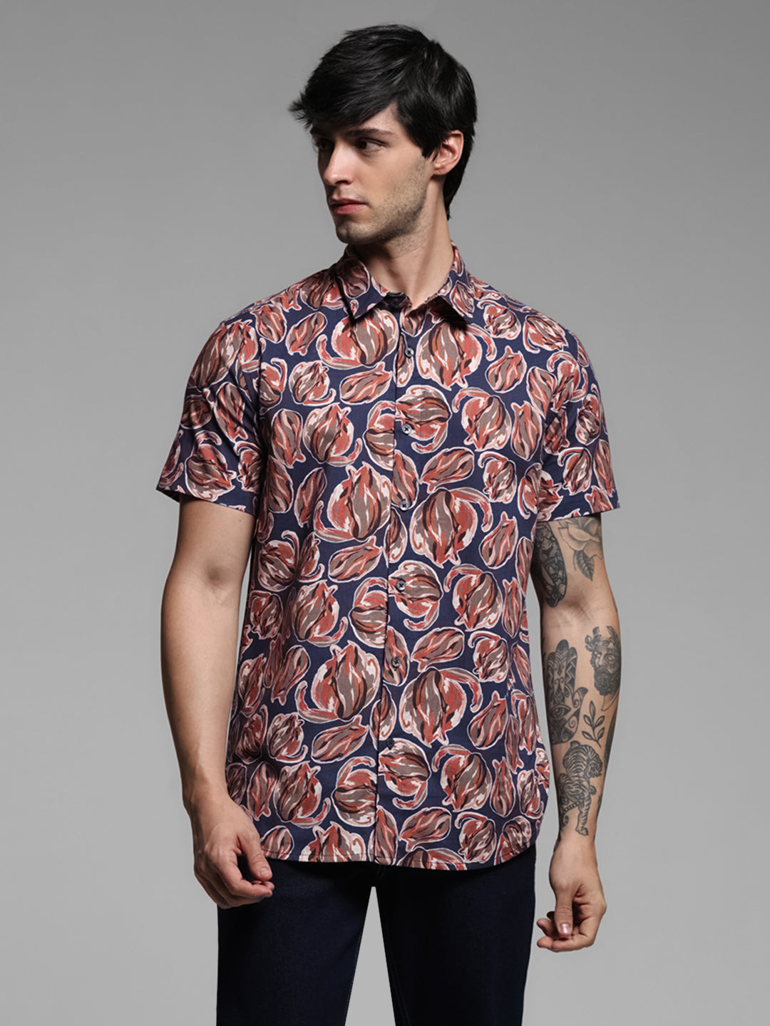 Blue Floral Short Sleeves Shirt