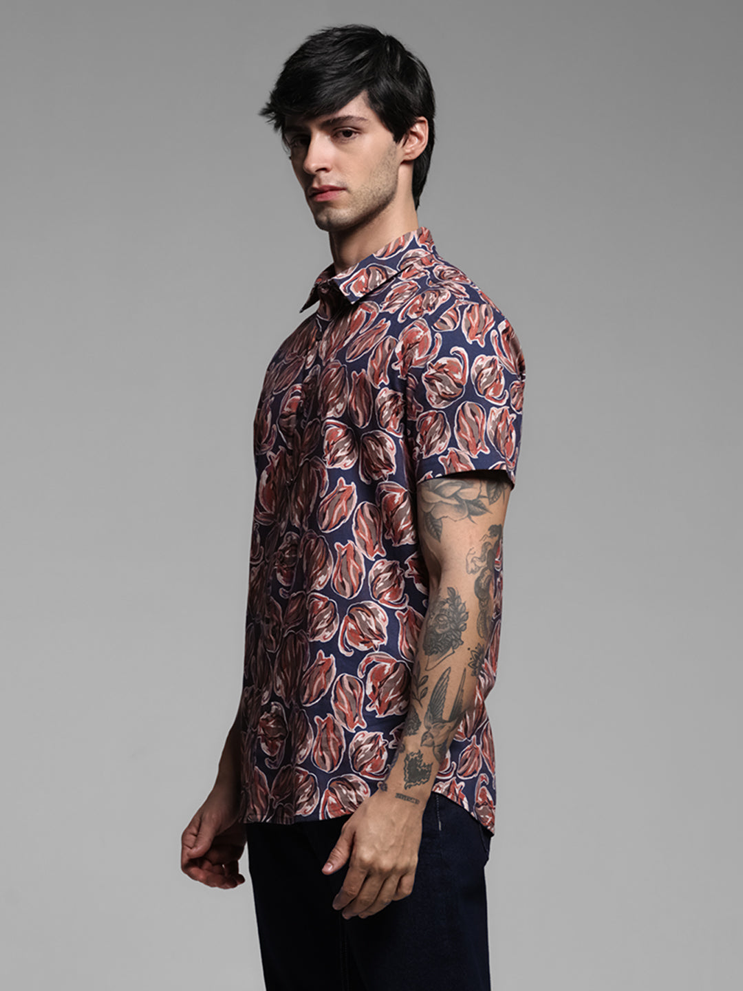 Blue Floral Short Sleeves Shirt