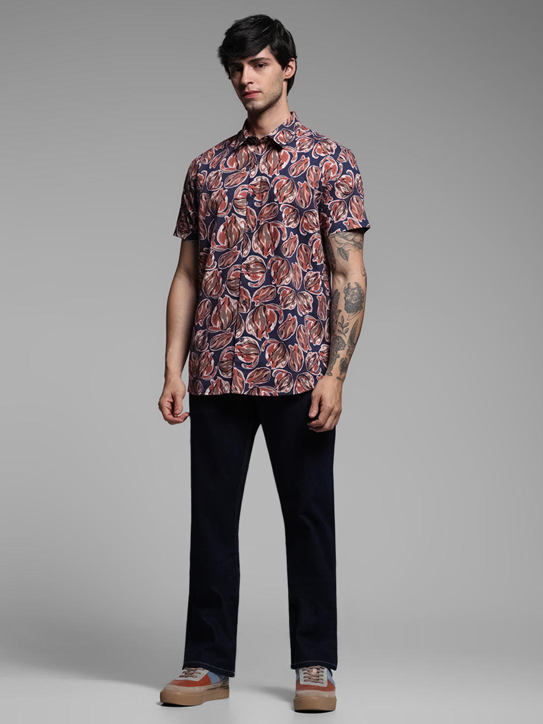 Blue Floral Short Sleeves Shirt