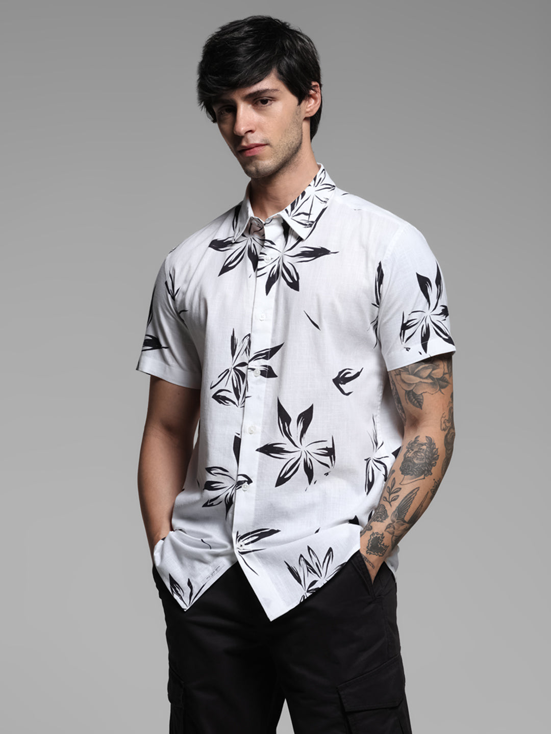White Floral Short Sleeves Shirt