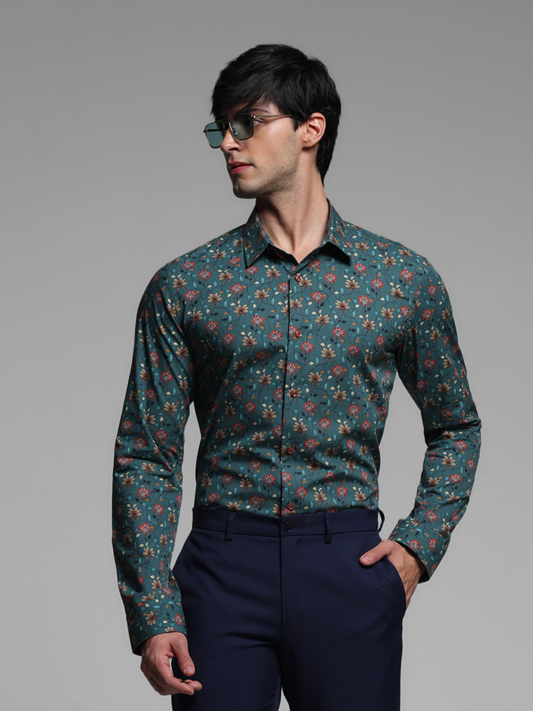 Green Floral Print Cotton Shirt