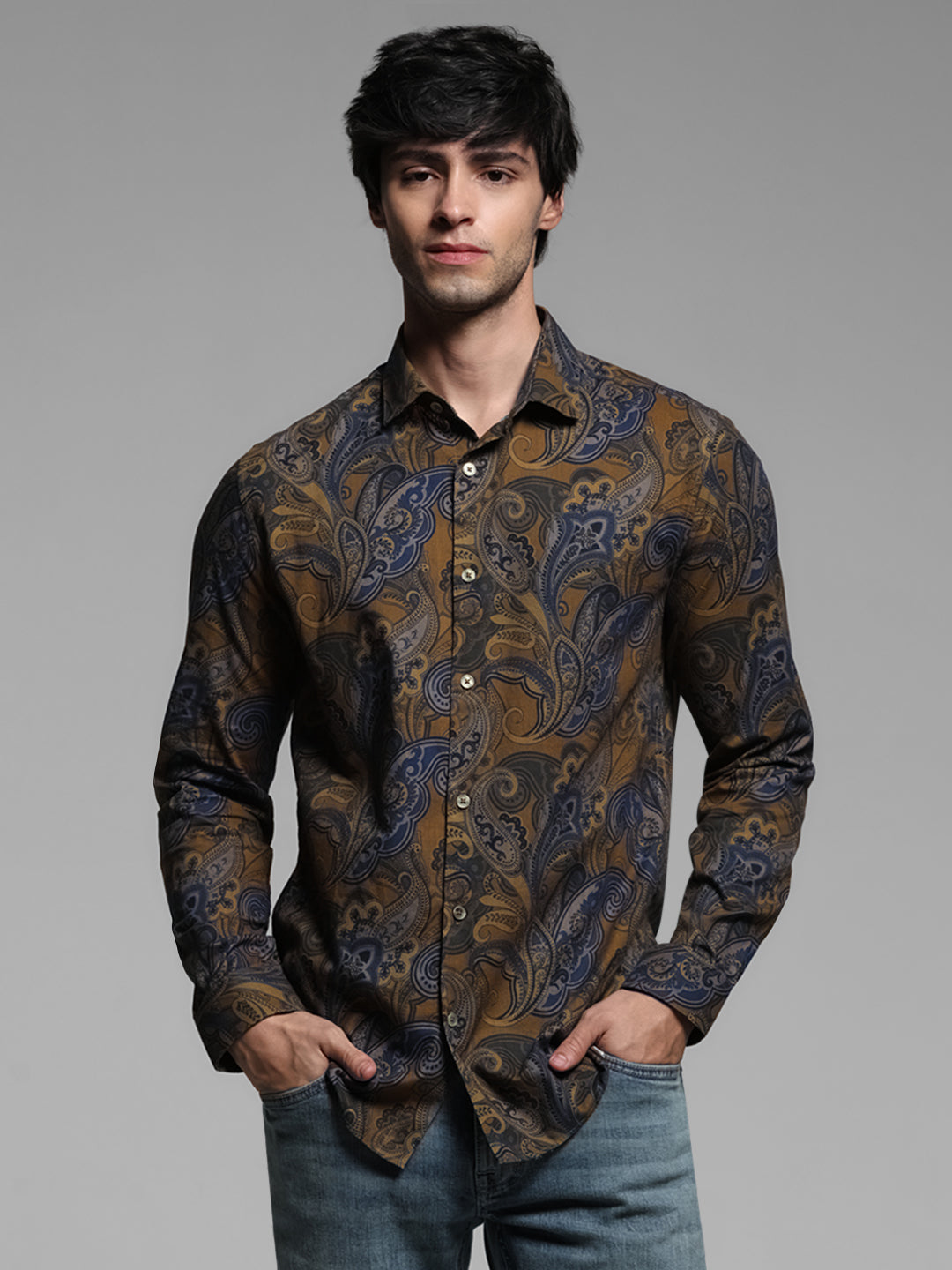Brown Printed Cotton Shirt