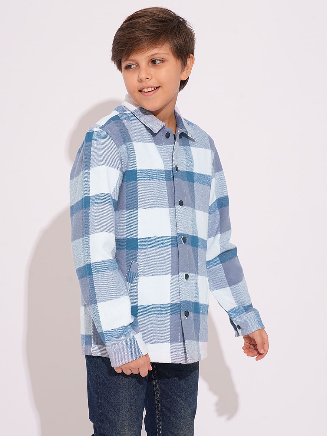 Boys Light Blue Check Shacket