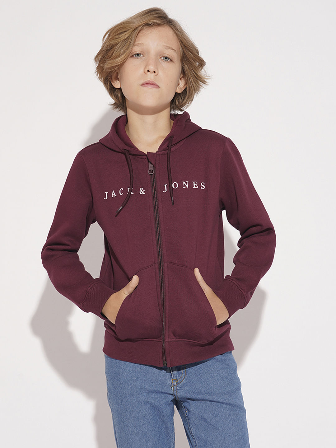 Boys Maroon Hooded Logo Print Sweatshirt