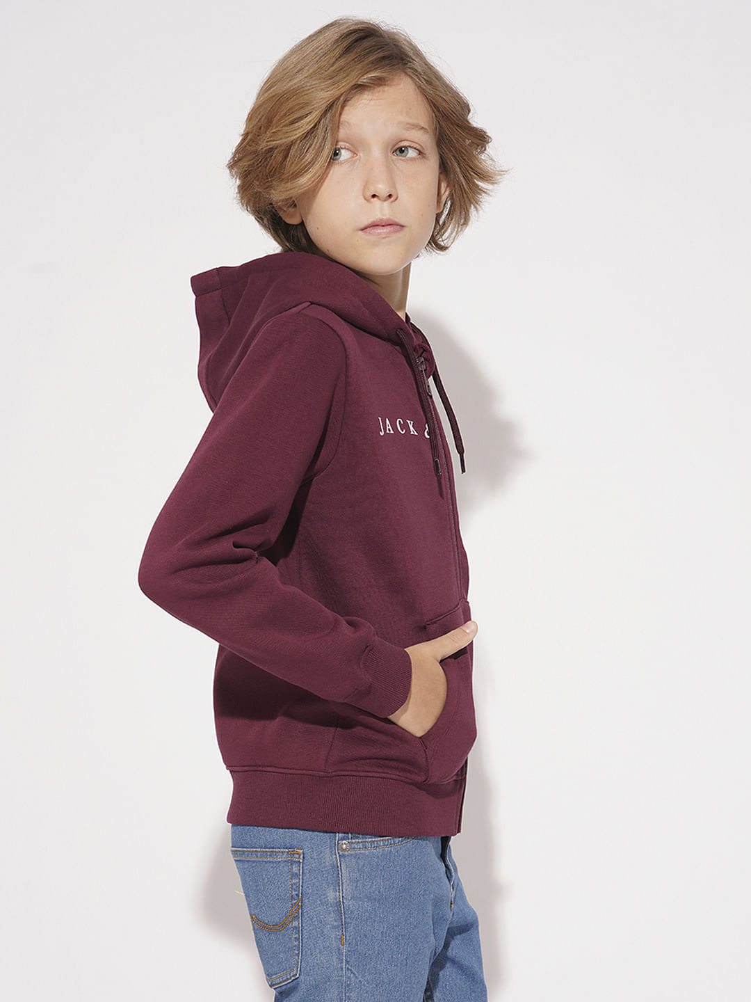 Boys Maroon Hooded Logo Print Sweatshirt