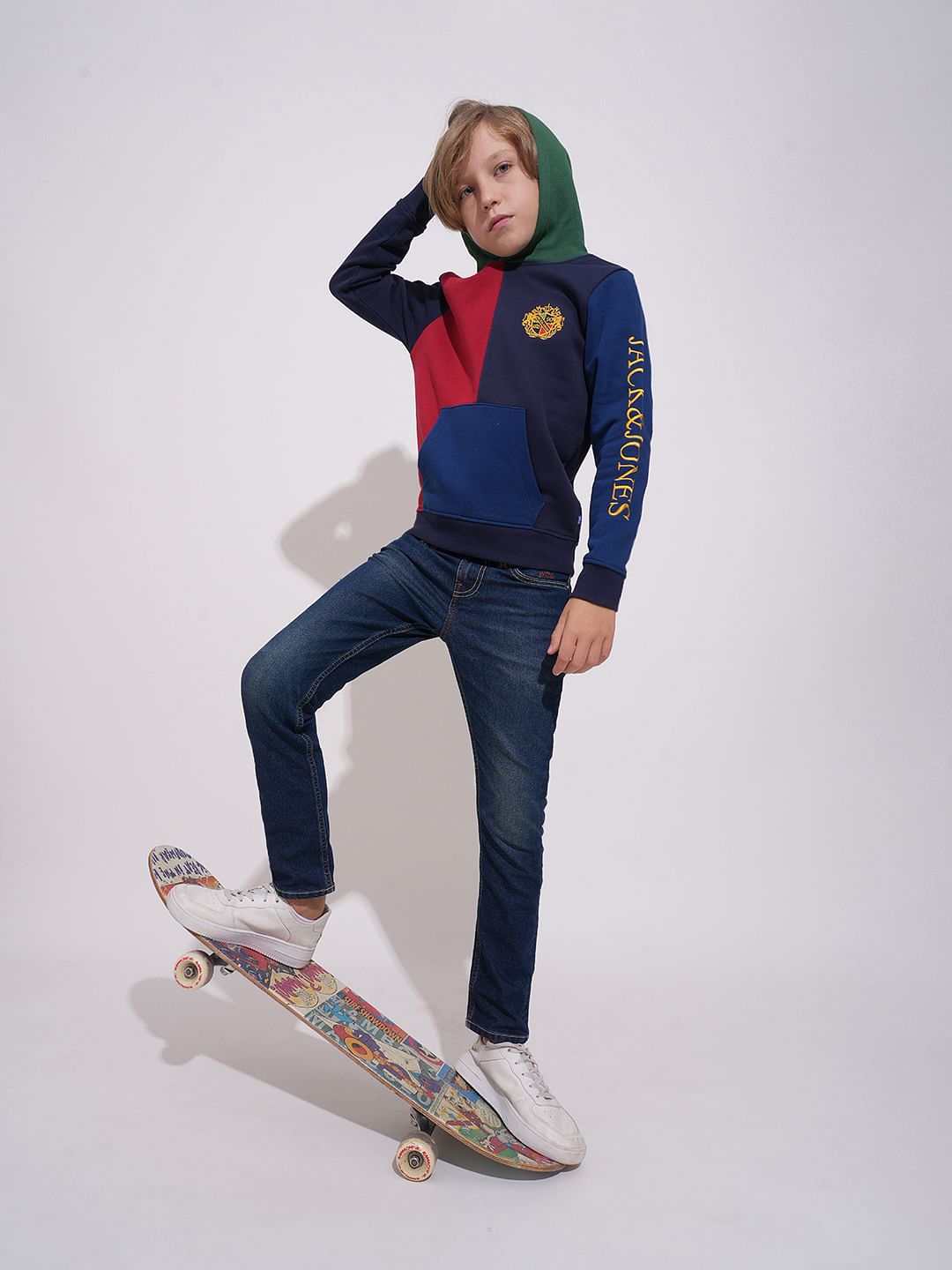 Boys Blue Colourblocked Hooded Sweatshirt