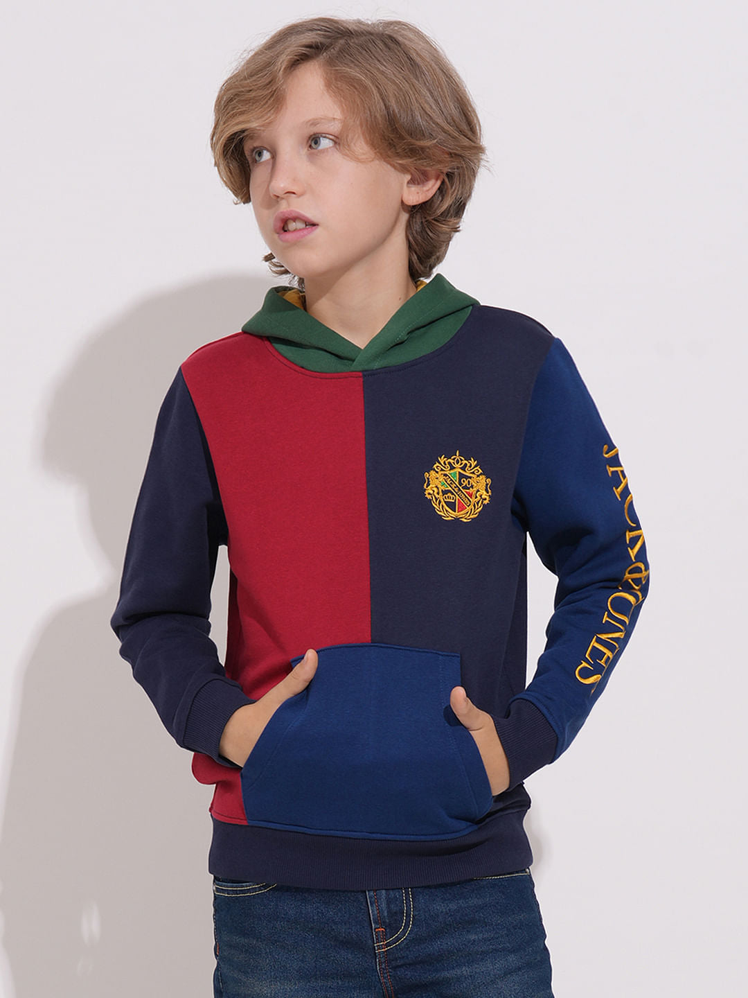 Boys Blue Colourblocked Hooded Sweatshirt