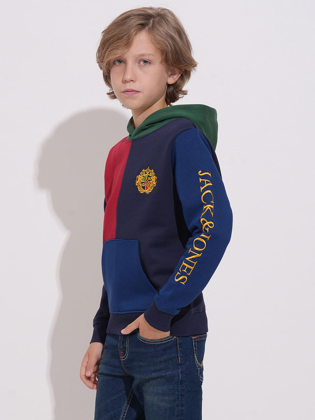 Boys Blue Colourblocked Hooded Sweatshirt