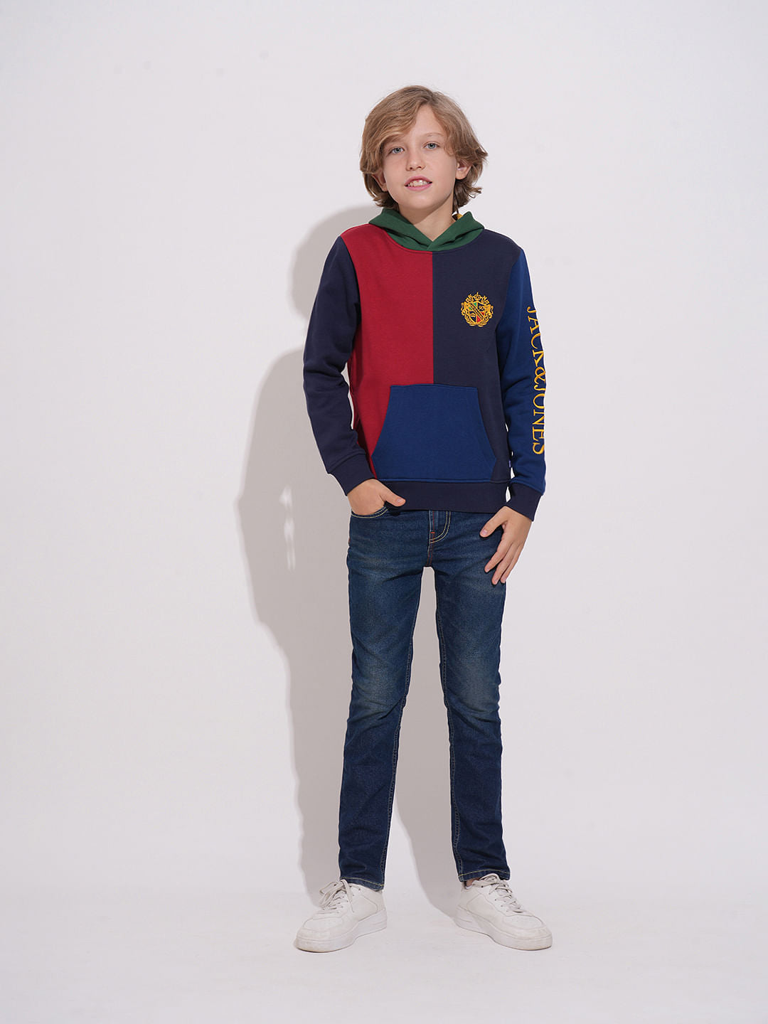 Boys Blue Colourblocked Hooded Sweatshirt