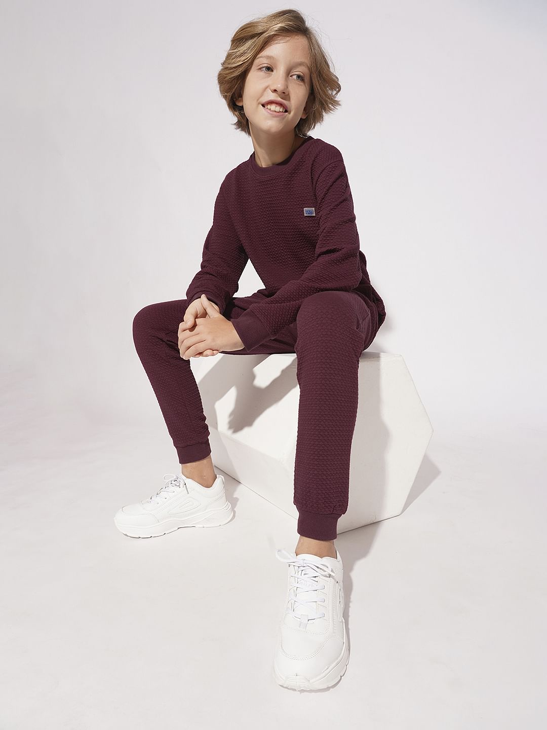 Boys Maroon Textured Co-ord Set Sweatshirt