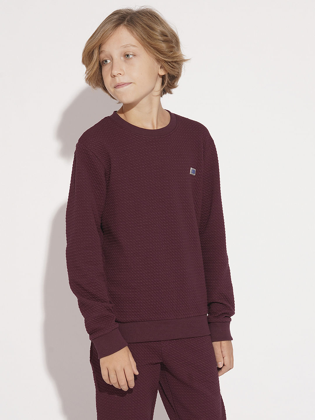 Boys Maroon Textured Co-ord Set Sweatshirt