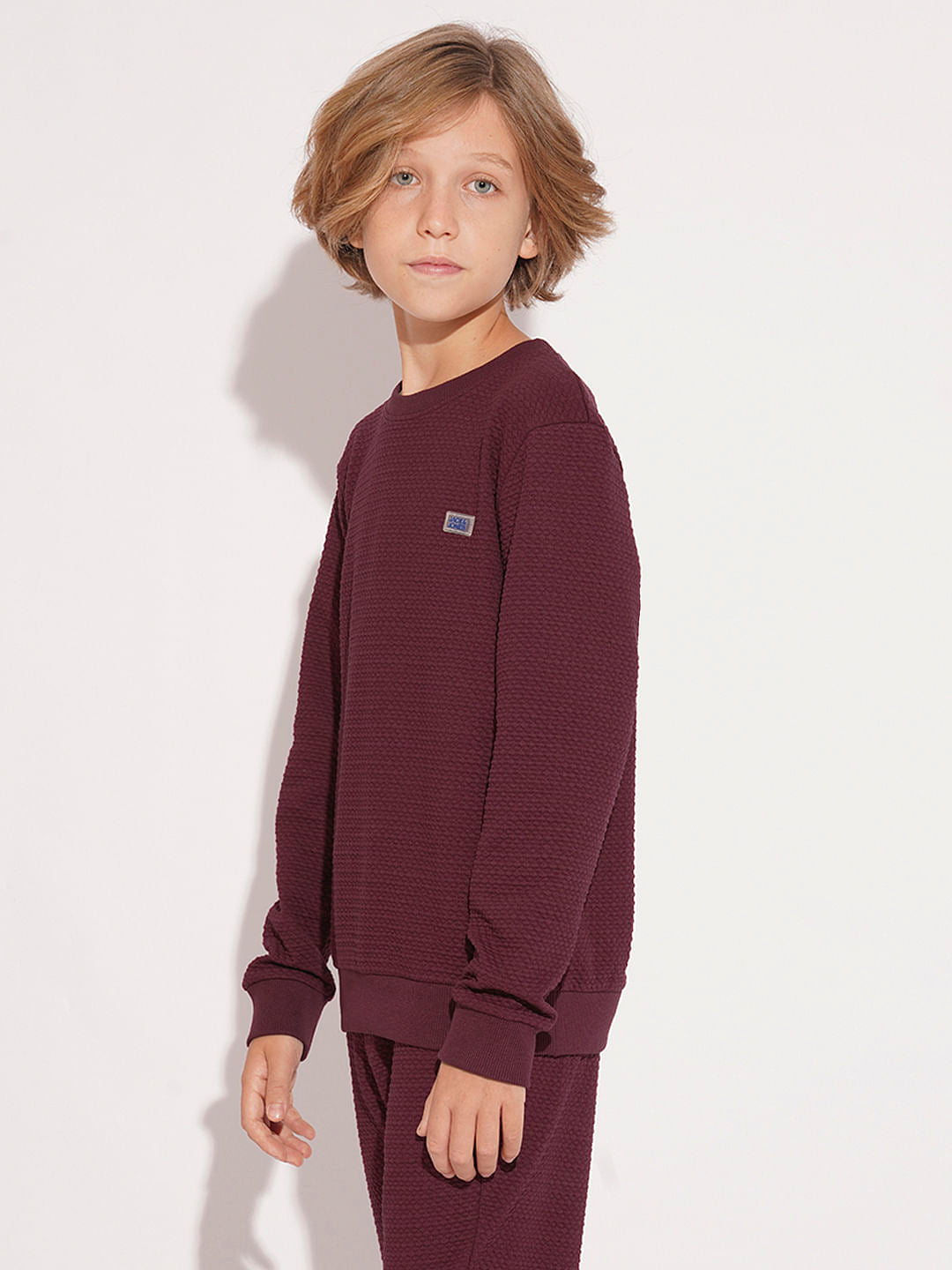 Boys Maroon Textured Co-ord Set Sweatshirt
