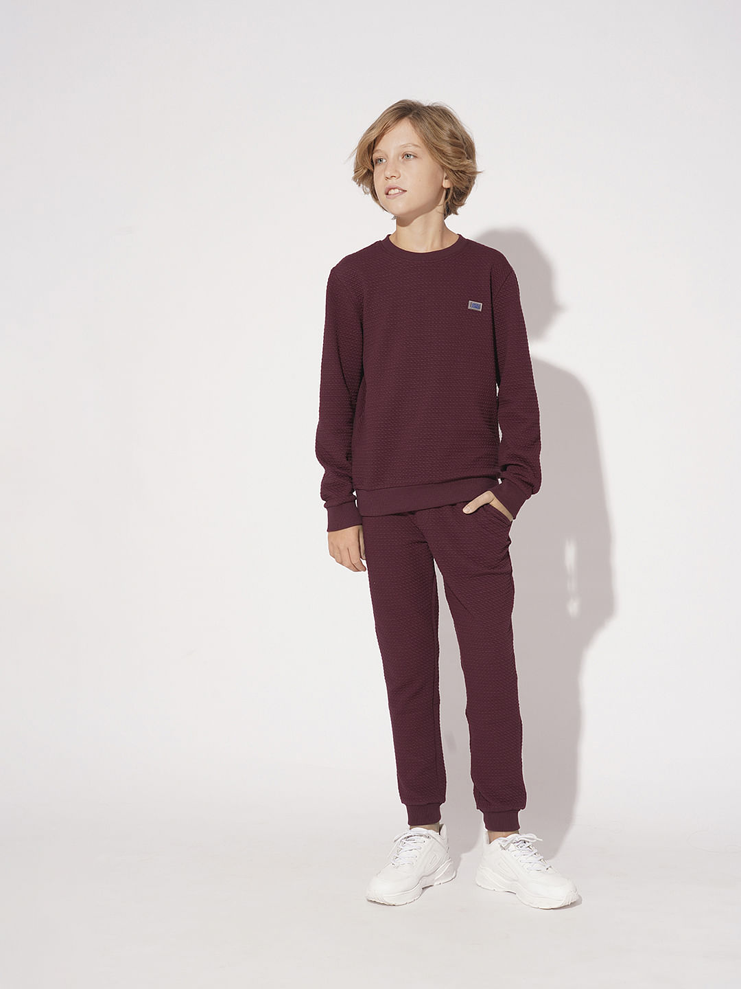 Boys Maroon Textured Co-ord Set Sweatshirt