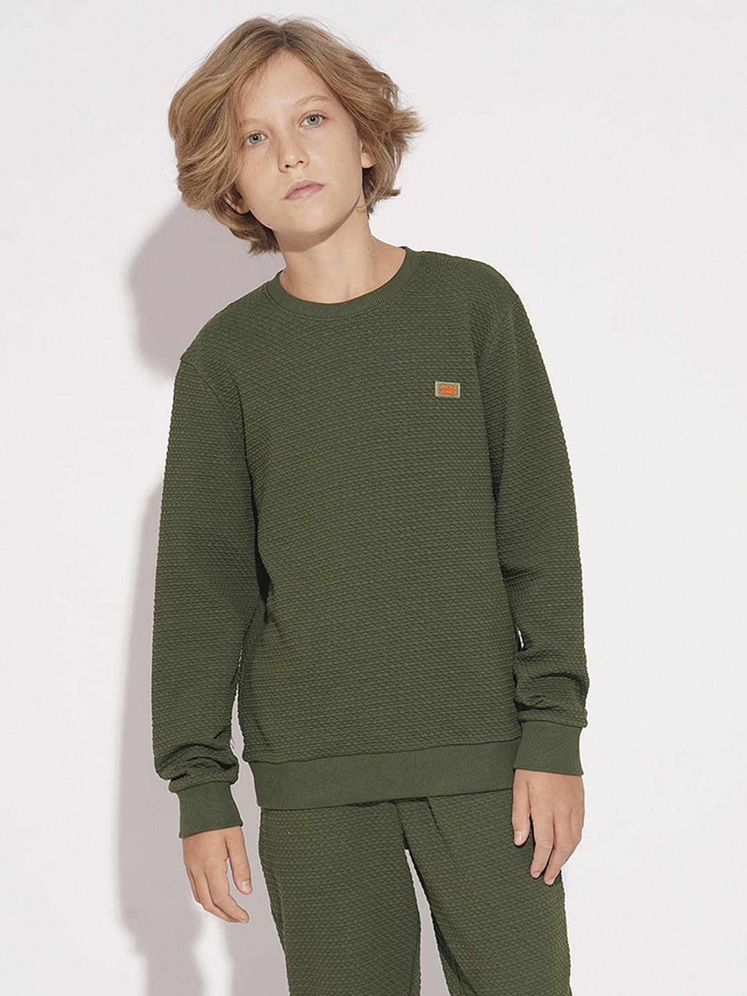 Boys Olive Textured Co-ord Set Sweatshirt
