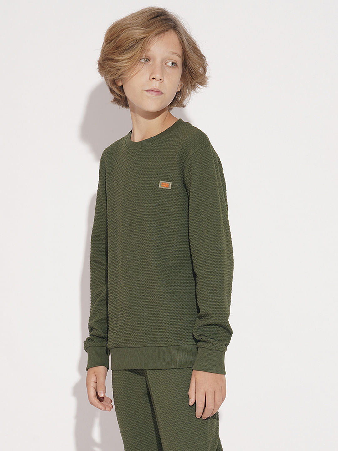 Boys Olive Textured Co-ord Set Sweatshirt