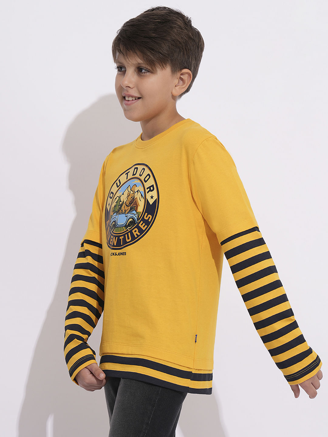 Boys Yellow Printed Crew Neck T-shirt