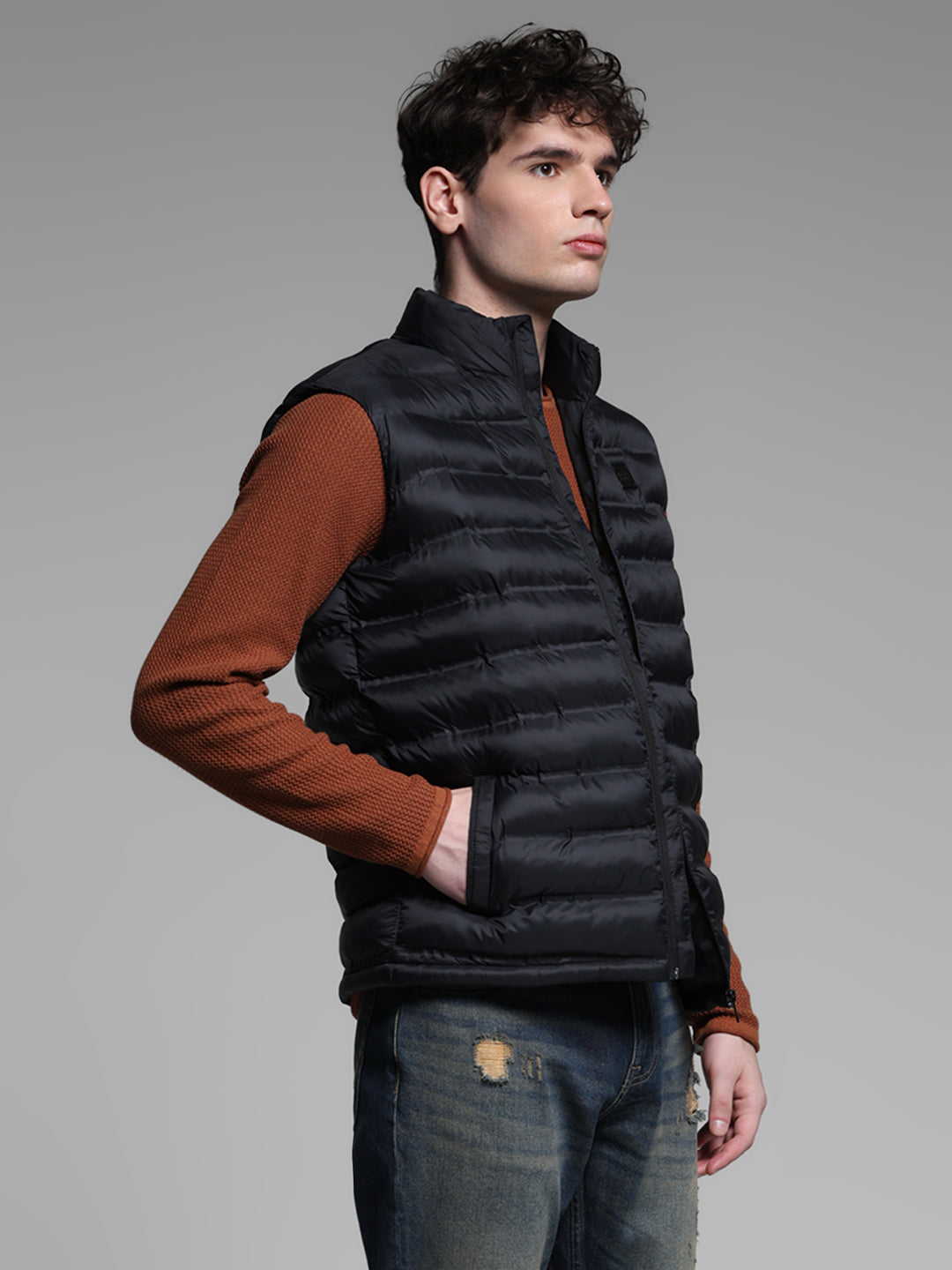 Black High Neck Puffer Vest Jacket