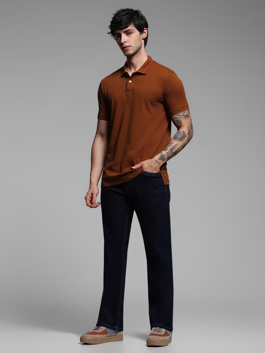 Dark Brown Ribbed Sleeve Polo