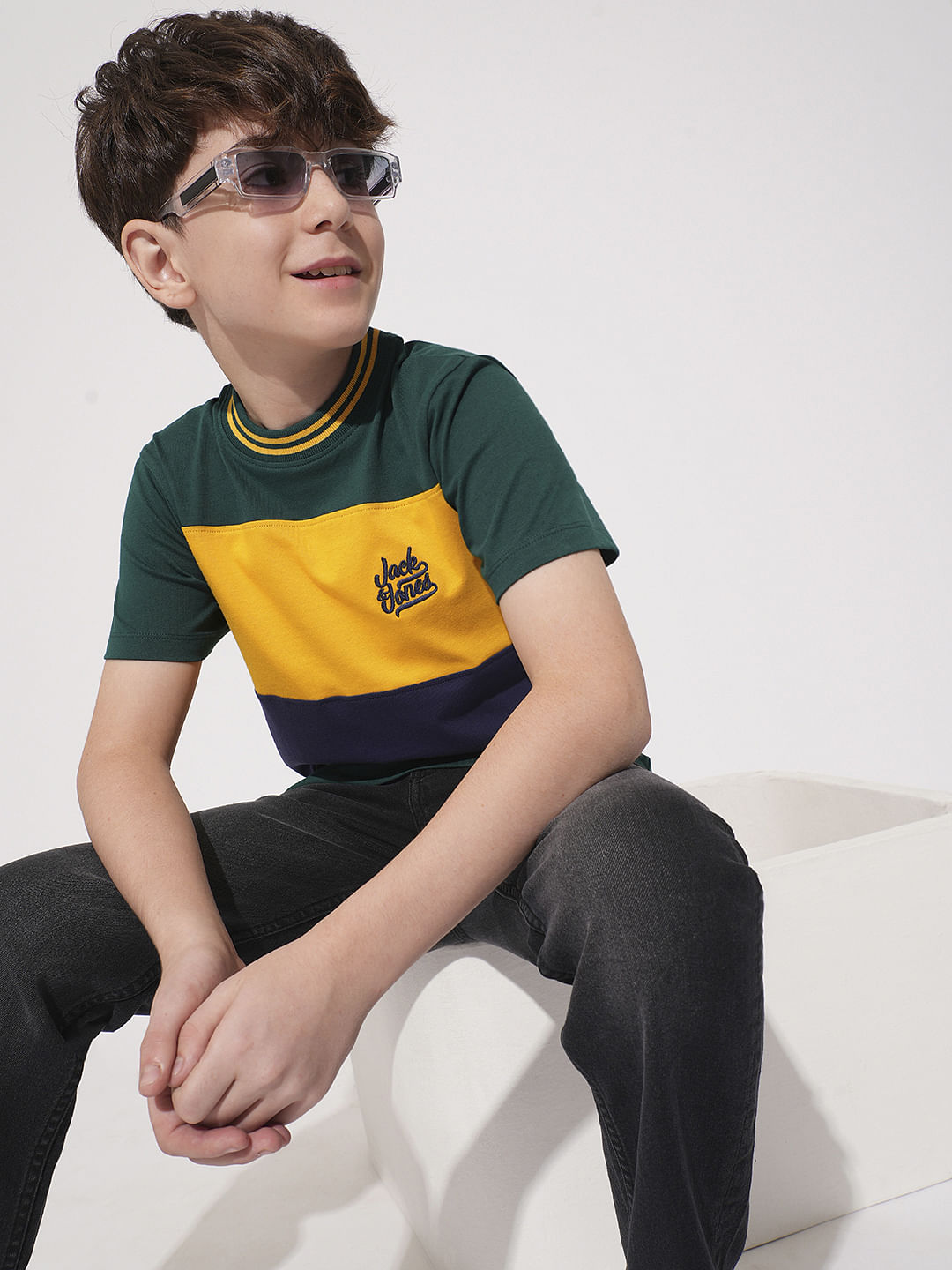 Boys Green Colourblocked Cotton T-Shirt