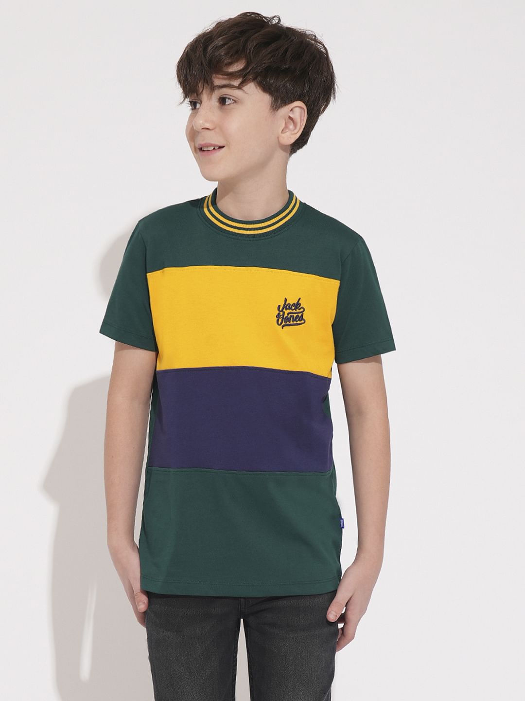 Boys Green Colourblocked Cotton T-Shirt