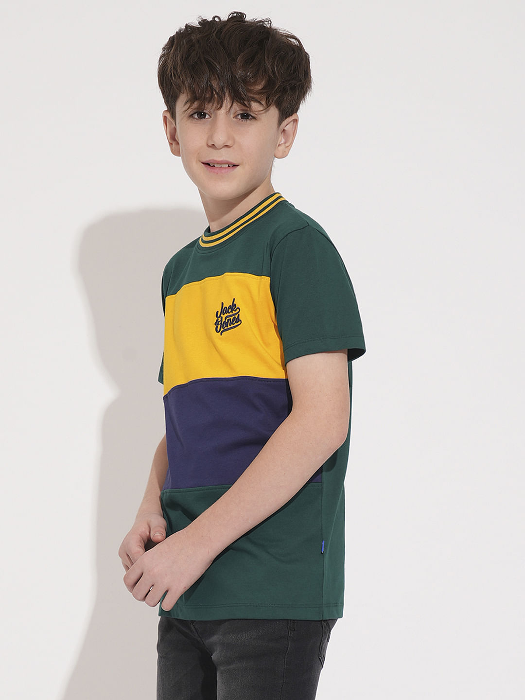 Boys Green Colourblocked Cotton T-Shirt