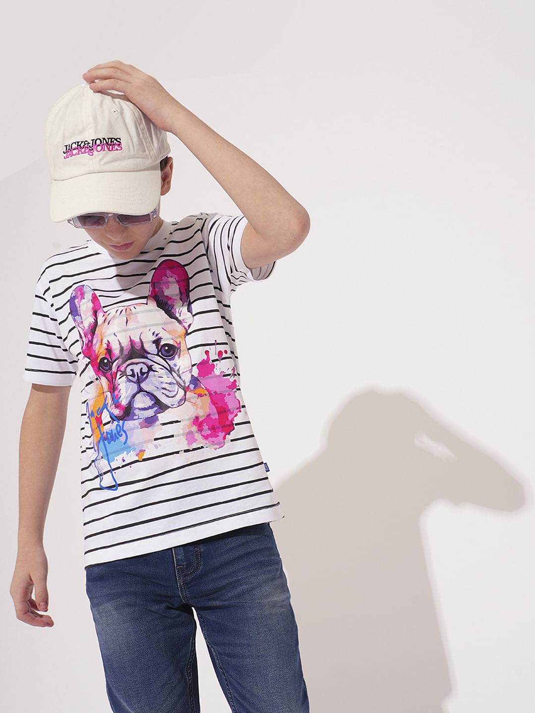 Boys White Striped Cotton T-shirt