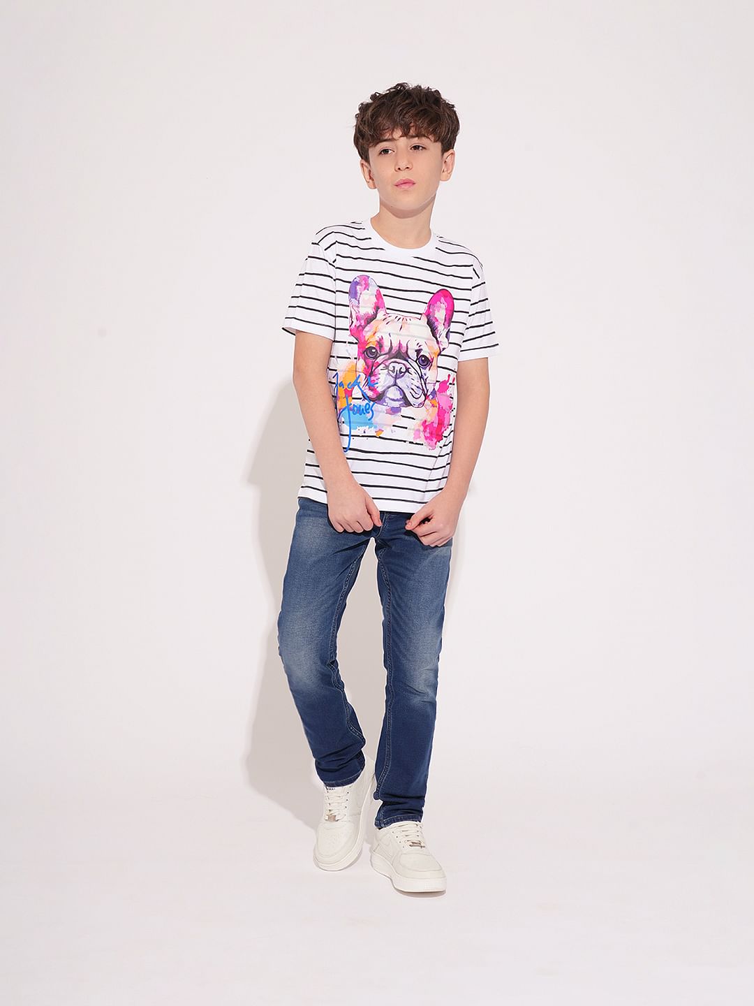 Boys White Striped Cotton T-shirt