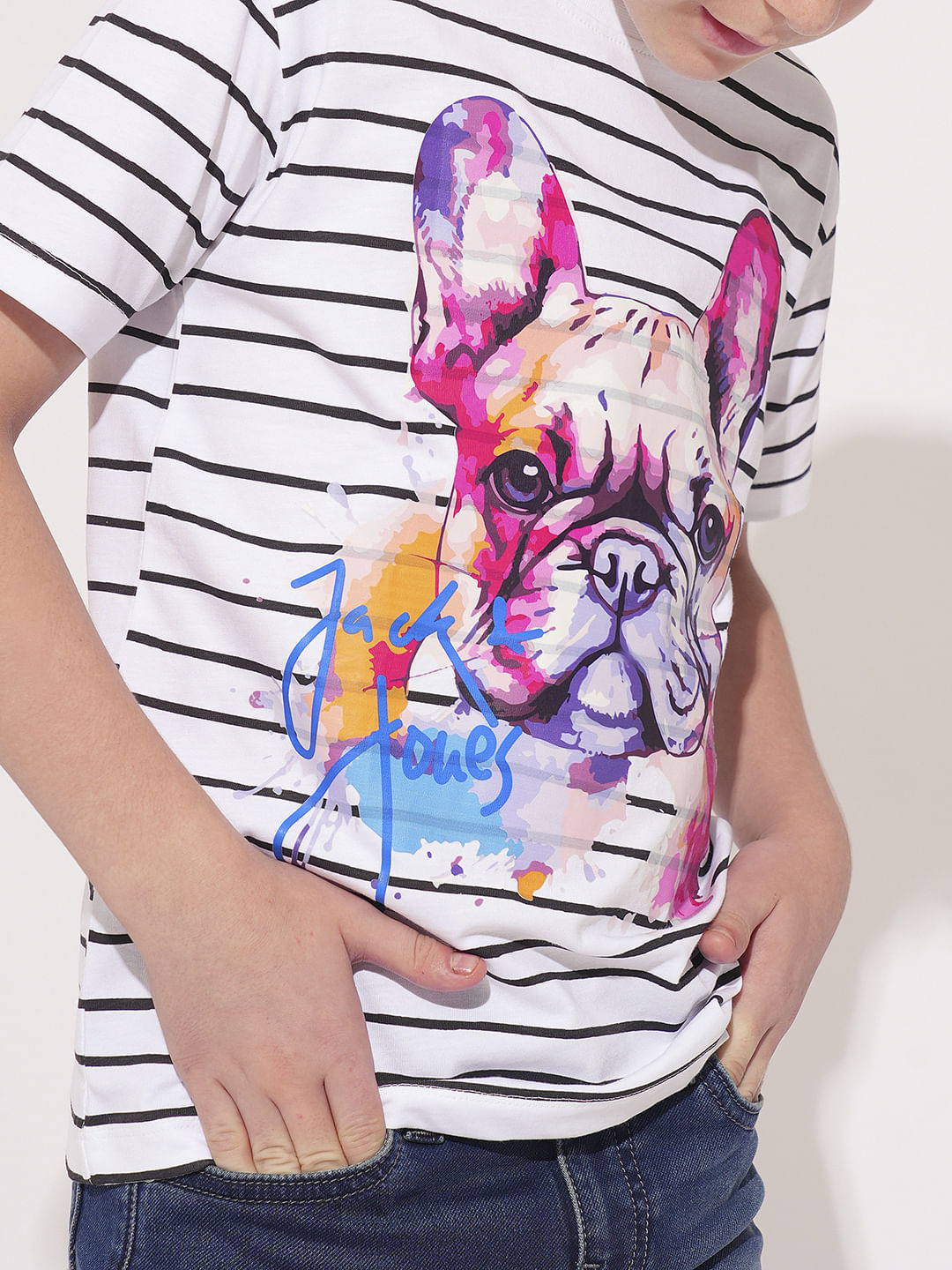 Boys White Striped Cotton T-shirt