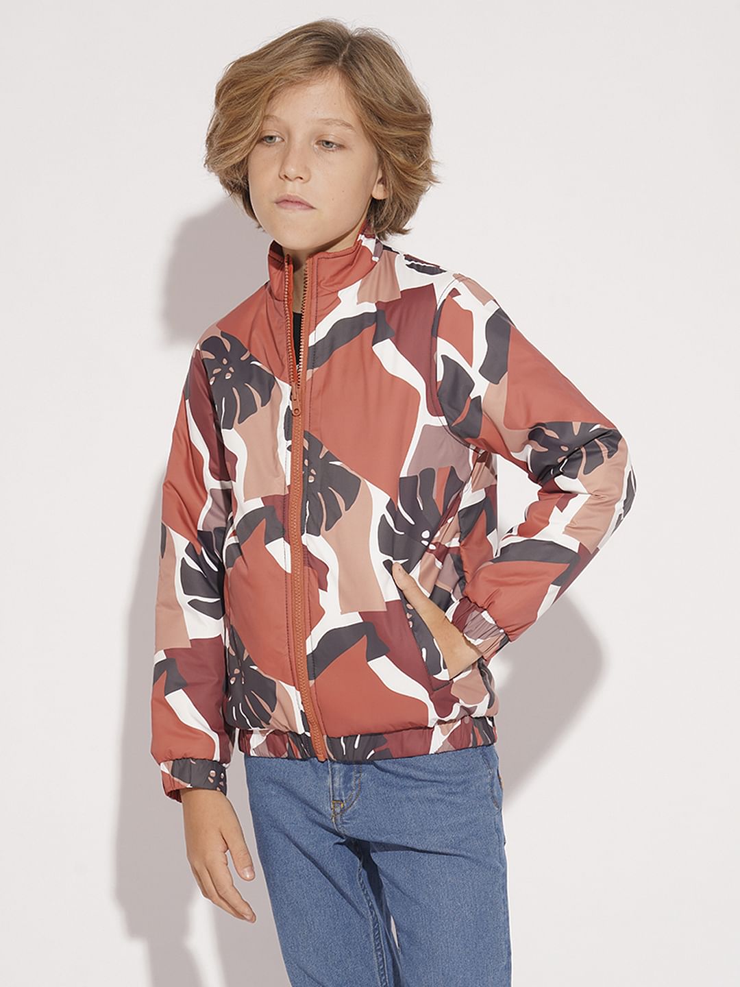 Boys Orange Camo Print Reversible Jacket