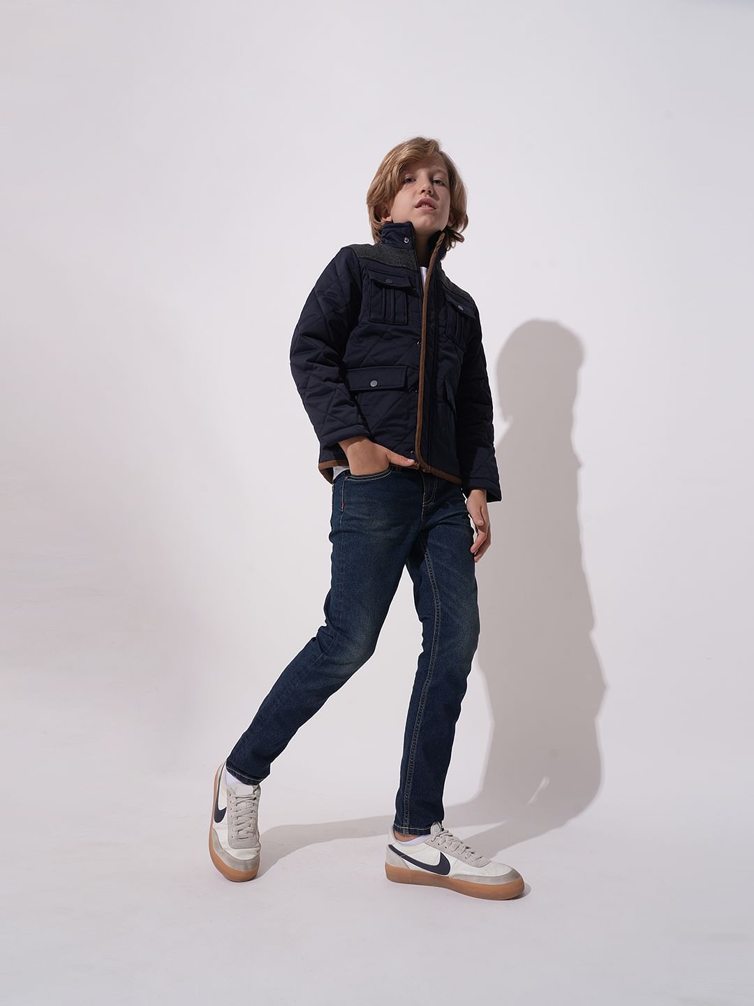 Boys Navy Blue Tweed High Neck Jacket