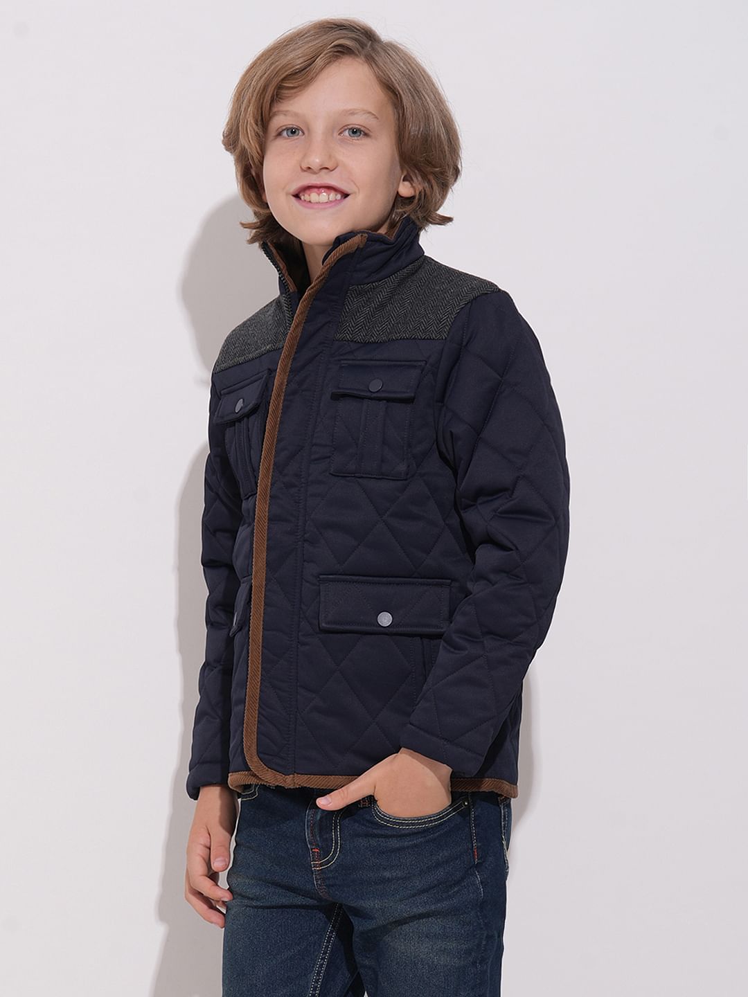 Boys Navy Blue Tweed High Neck Jacket