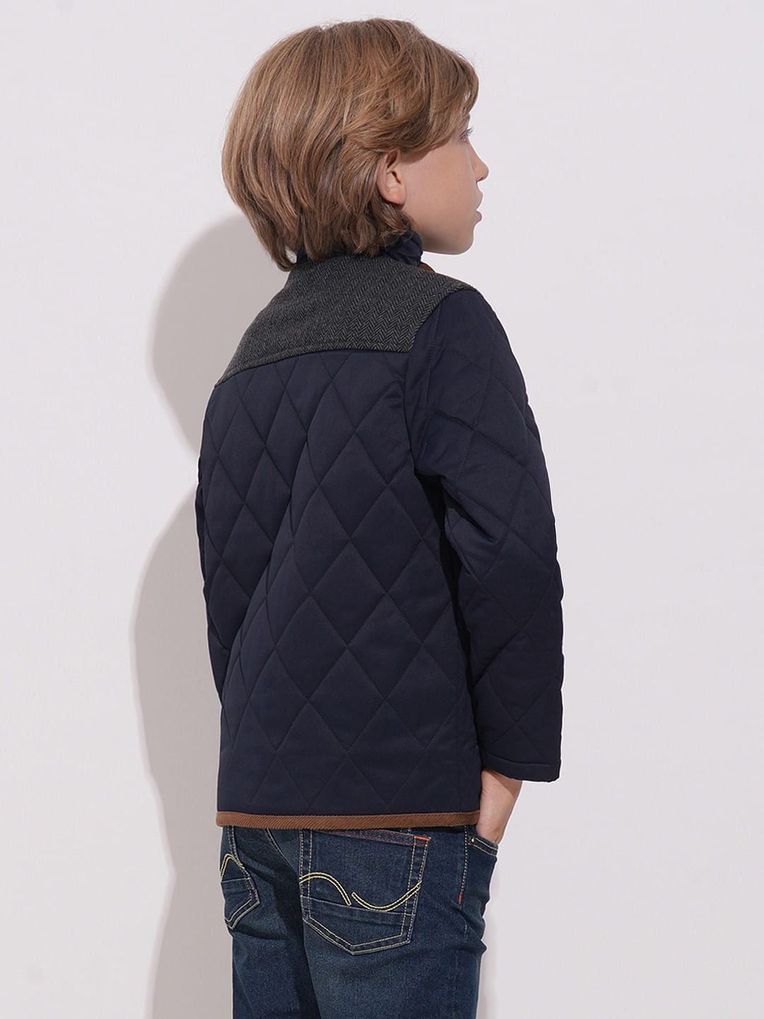Boys Navy Blue Tweed High Neck Jacket