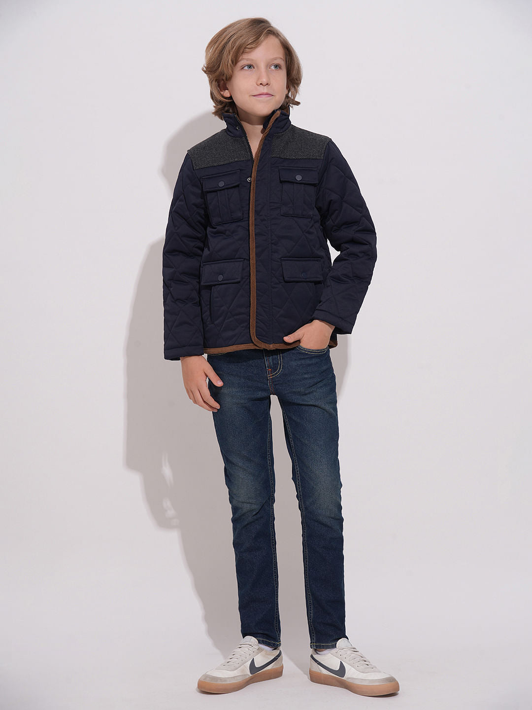 Boys Navy Blue Tweed High Neck Jacket