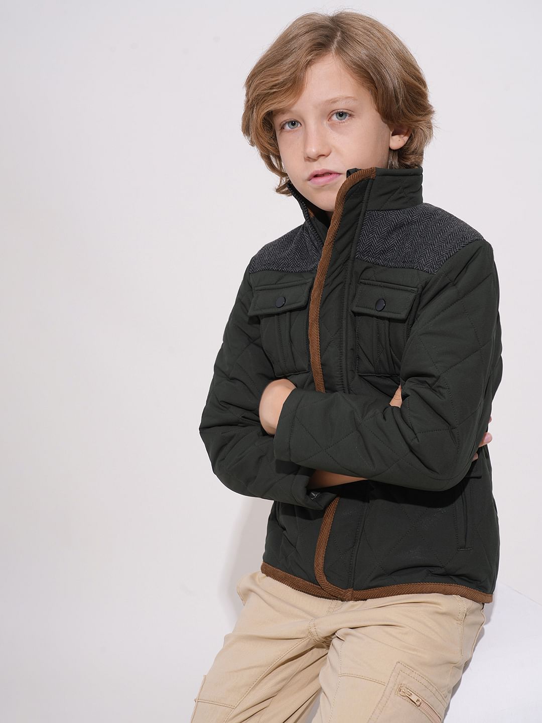 Dark Green Tweed Detail Jacket